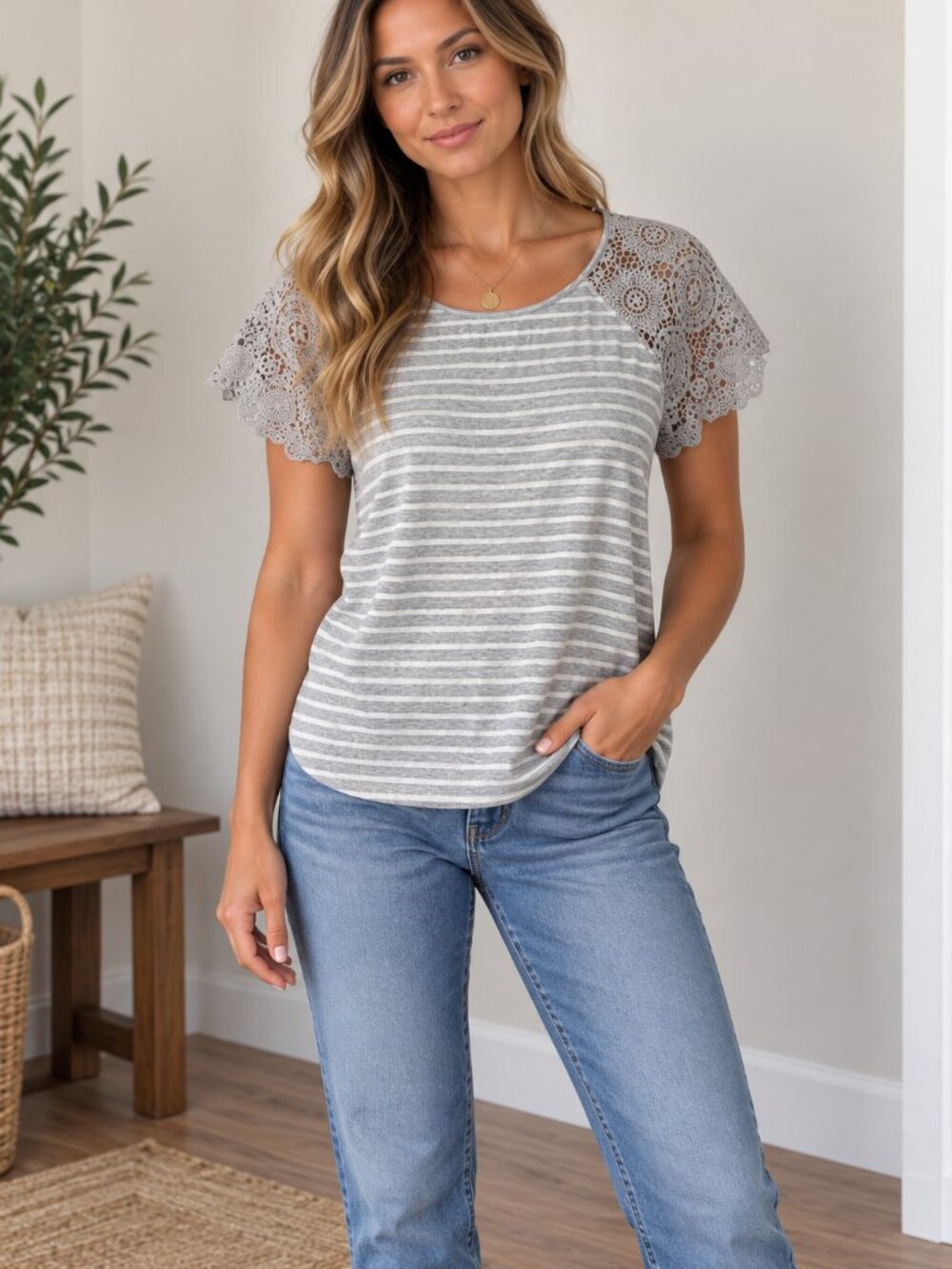 ☀️ Denver Hayes Gray & White Striped Tee with Crochet Lace Sleeves